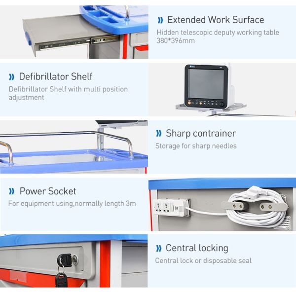Carro médico del desplome del hospital ajustable con el tablero del top del plástico del ABS