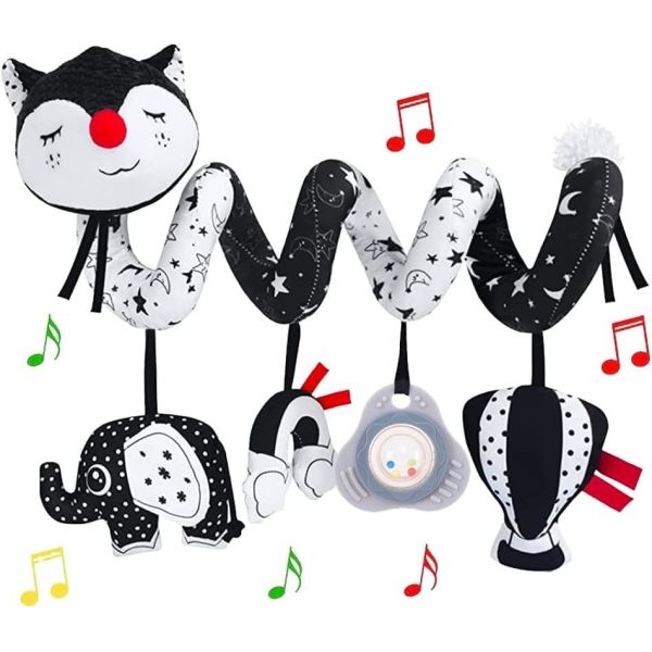 Newborn Musical Black Fox Stroller Toys High Contrast Black and White Toys for Babies