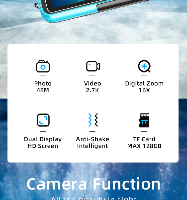 2.7K  Waterproof Camera 2.7+1.8 Inch Screen 16X Digital Zoom 13FT Underwater Anti-Shake Snorkeling Swimming and Diving Camera