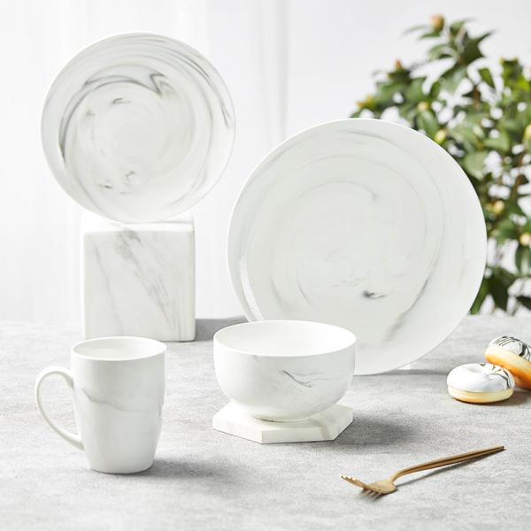 Modern White Porcelain Dinnerware Set Marble Pattern Plate Bowl Mug