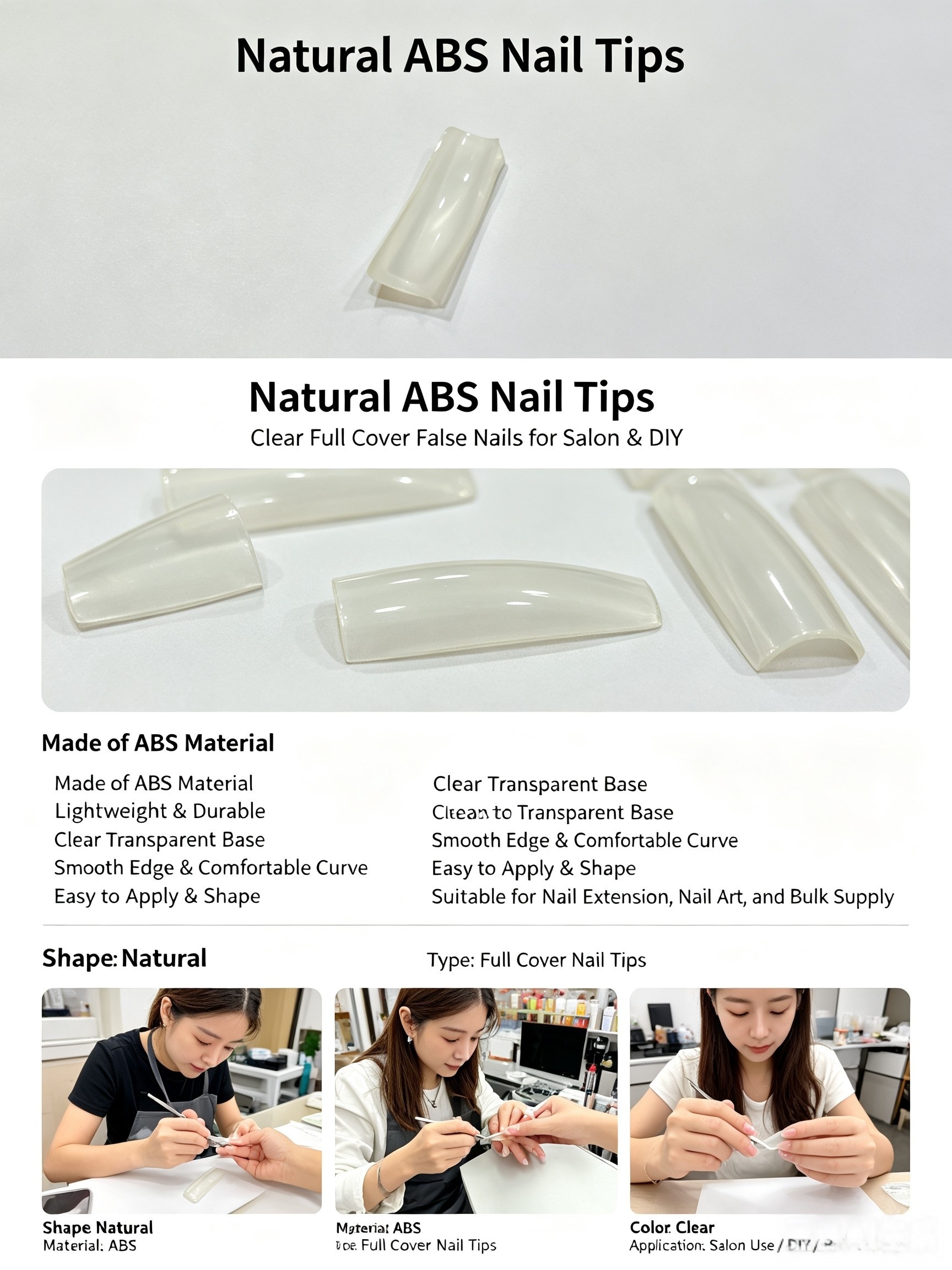 Natural ABS Almond Shape Full Cover False Nails Clear Finger Nail Tips for Nail Art Salon Use and Bulk Supply