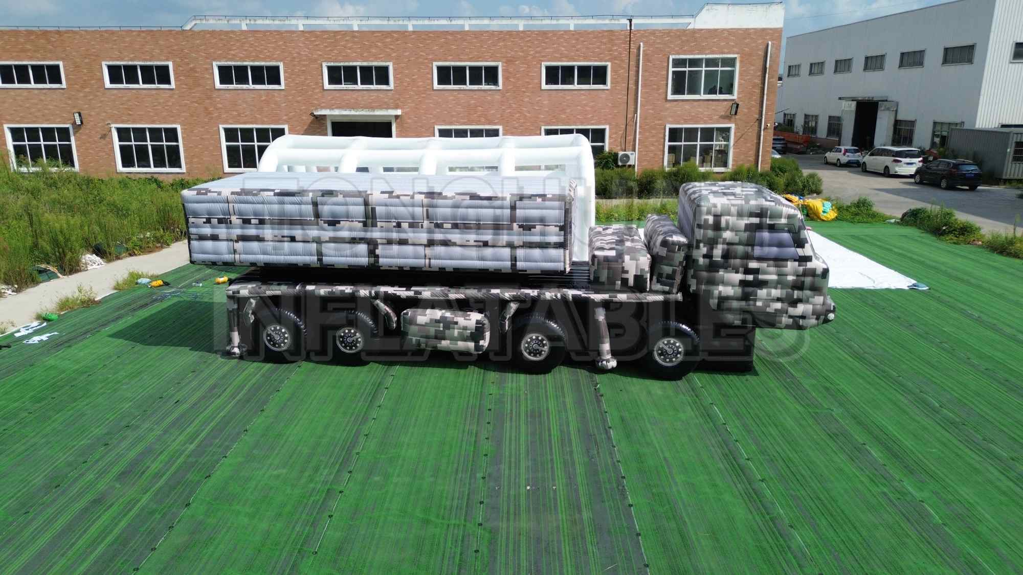 Custom Inflatable Launcher Vehicle Replica with Horizontal Canister Modules and Camouflage Truck Body for Training Display Exhibition and Outdoor Simulation Projects