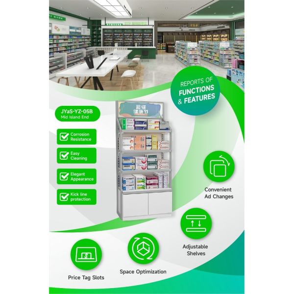 JYaS-YZ-05B High-End Boutique Pharmacy Design Cabinet for Pharmacy Entrance with White Glossy Boards