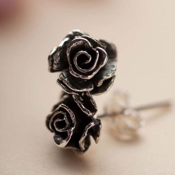 Women Sterling 925 Silver Rose Design Black Rhodium Plated Stud Earrings (034970)