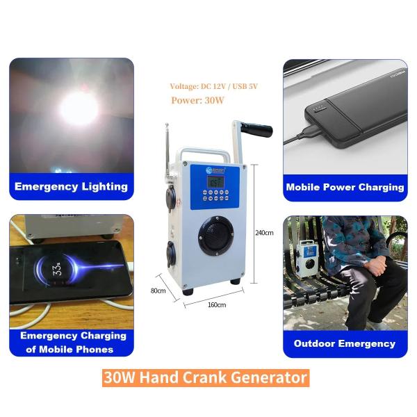 30W Hand Crank Generator FM AM SW Radio Phone Power Bank Outdoor Manual Dynamo Emergency Light