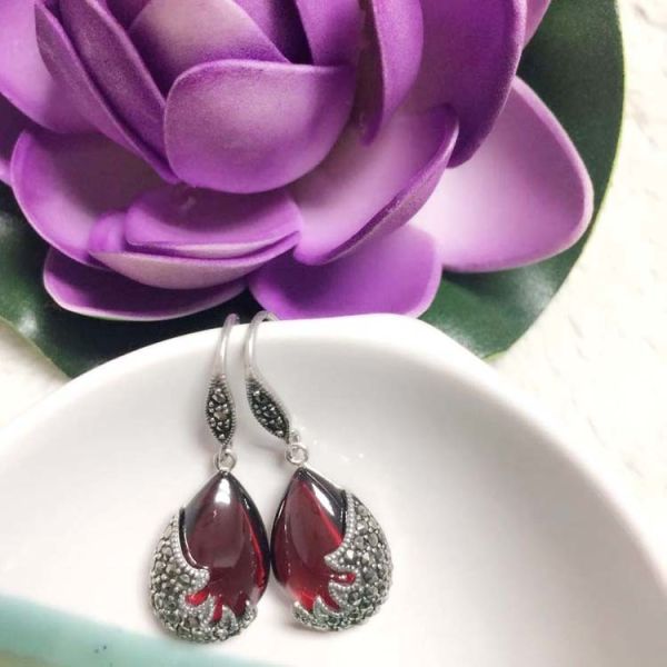 Vintage Sterling Silver Created Garnet with Marcasite Dangle Drop Earrings(E12033RED)