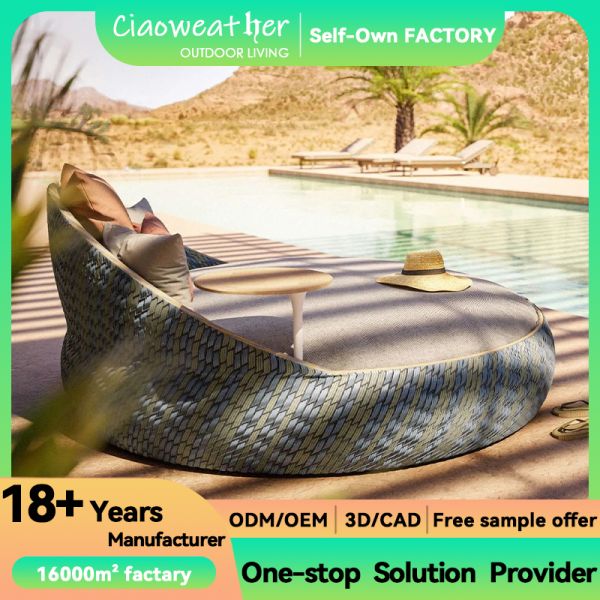 Customized Color Sun Lounger Round Lounger Waterproof Beach Chair Garden Daybed Sets Furniture Outdoor Bed with Table