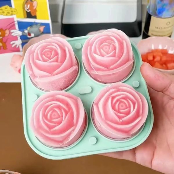 Rose Ice Cube Mold,Bongpuda Silicone Ice Cube Tray,4 Cavity Silicone Rose Ice Ball Maker,Easy Release,For Chilling Cocktails, Whiskey, Bourbon And Juice Drinks