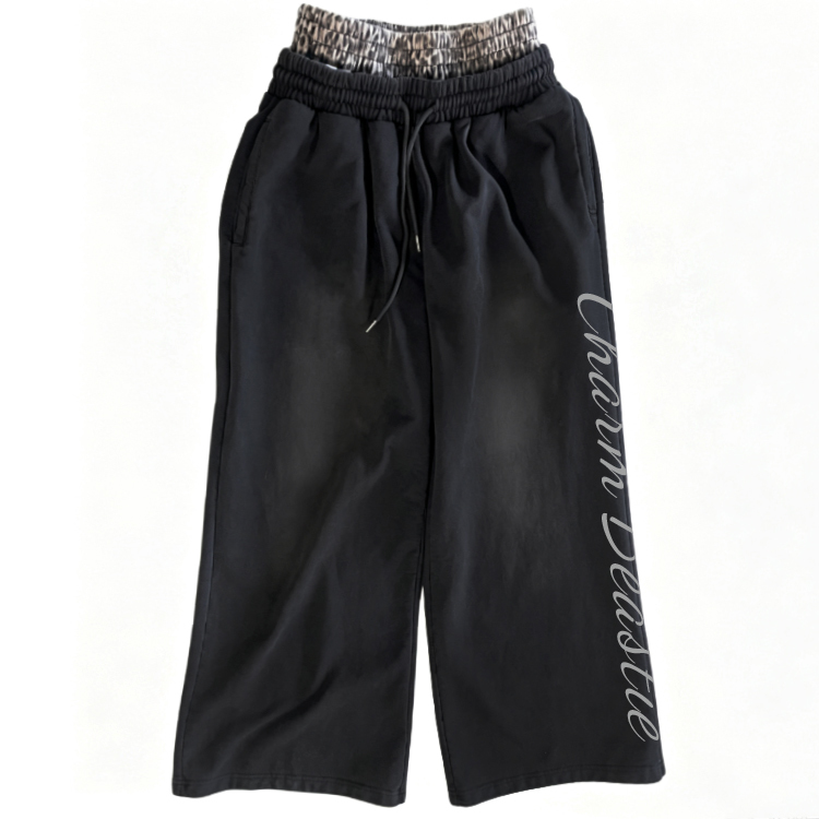 Faded Mens Wide Leg Pants Leopard Waist Terry Wide Leg Sweatpants Vertical Letter Embroidery