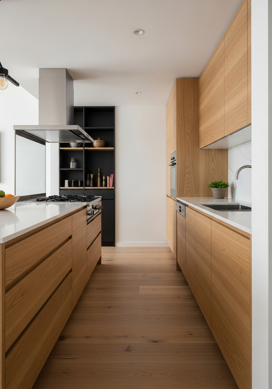 Japandi Honey Oak Kitchen Cabinet in 304 Stainless Steel