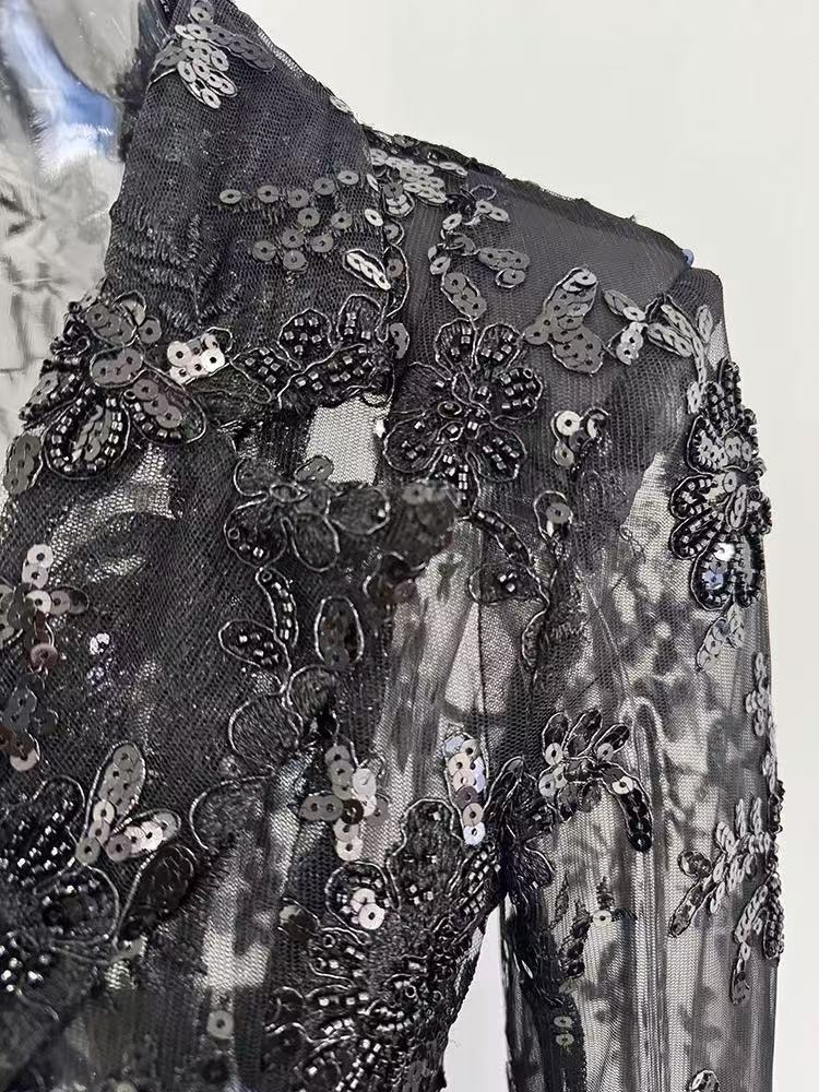 Floral Embroidered Lace Blazer Pants Suit Set with Sequin Embroidery and High-Waisted Wide-Leg Trousers