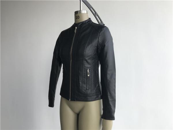 Black Pu Leather Coat / Pleather Biker Jacket With Multi Top Stitching Tw75796