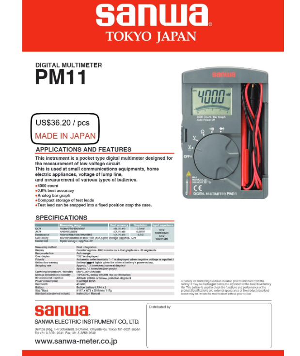 SANWA Digital Analog Multimeter Series | High Accuracy Class 0.5 | 600V AC/DC Voltage 10A Current | Low Battery Indicator | Made