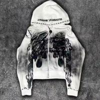 Custom Dirty Washed Zipper Rhinestone Hoodie Men Graphic Printed Logo French Terry Streetwear Vintage Distressed Hoodie