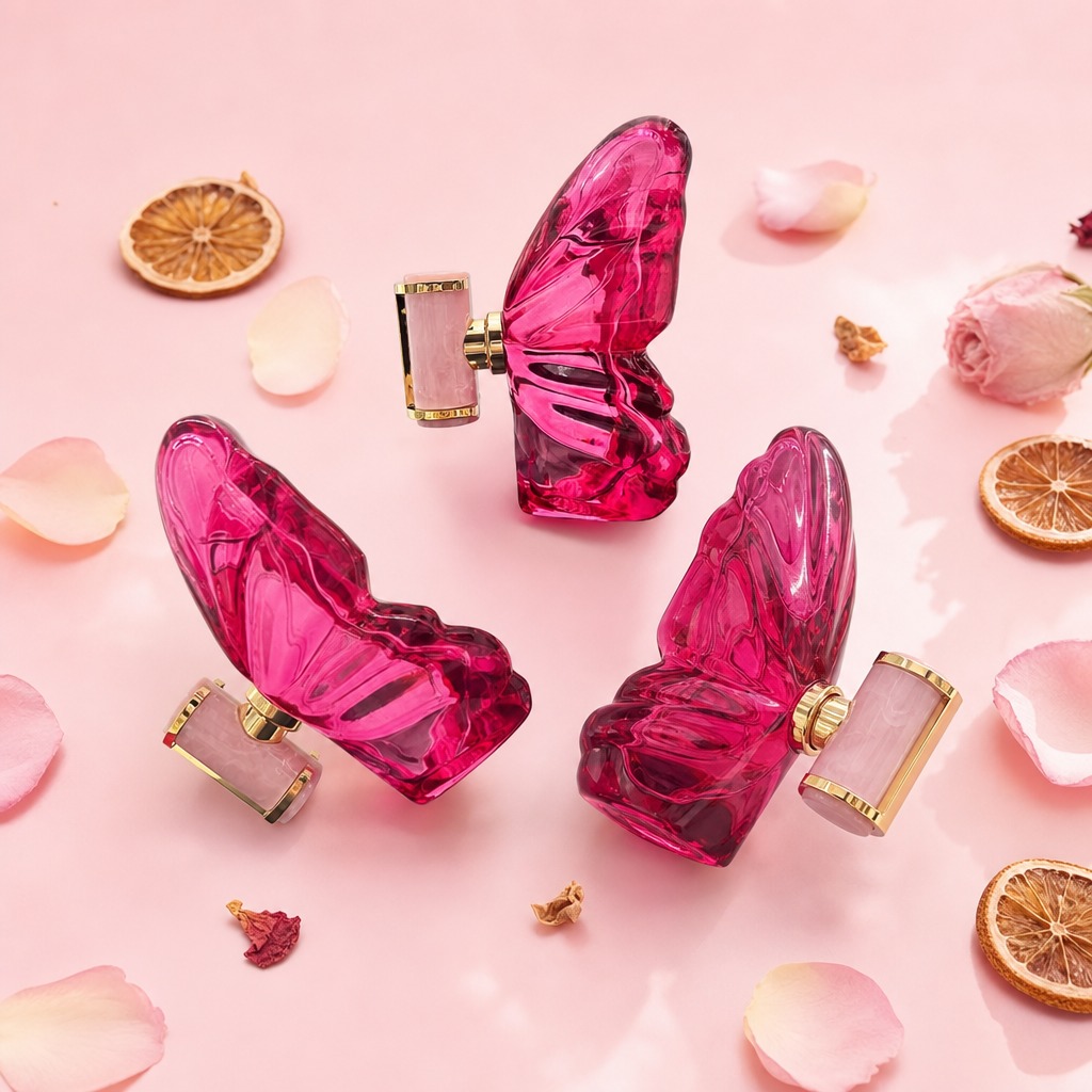 80ml Glass Perfume Bottles Butterfly Shaped Red Pink Marble Cap Empty Elegant
