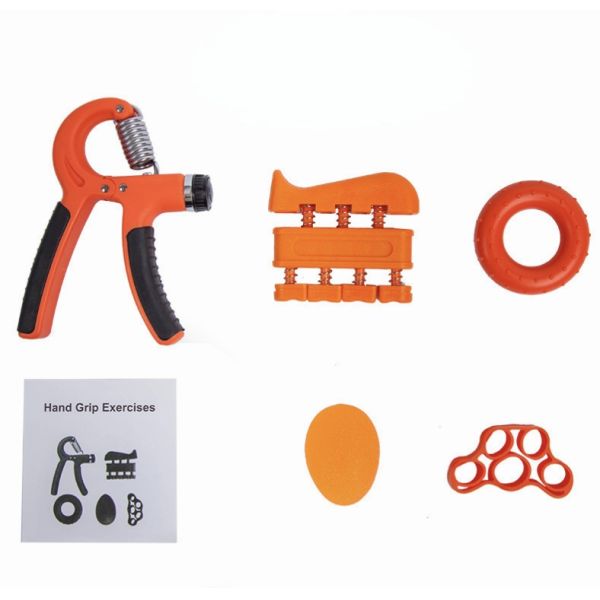 Five Piece Hand Grip Workout Kit Black Adjustable Hand Gripper Finger Stretcher Grip Ring And Stress Ball For Hand Strength And Flexibility