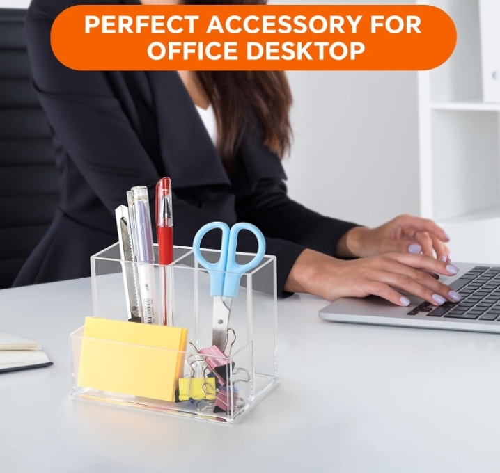 Desk Top With 3 Grids Acrylic Pen Display Case Holder Pencial Storage Box
