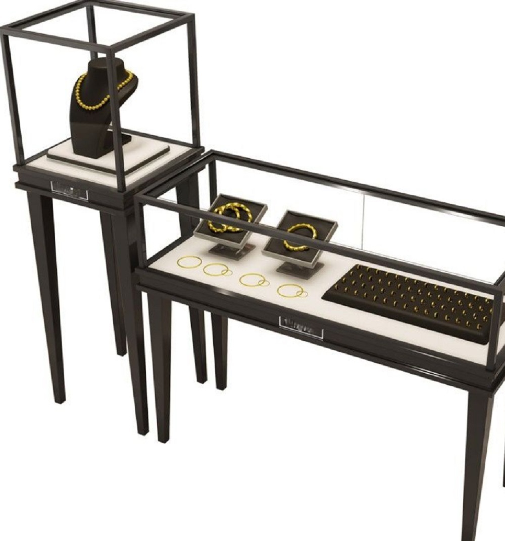 Minimalist Luxury Jewelry Display Table Set High End Custom Showcase Glass Top Metal Frame LED Luxury Retail Premium Modern