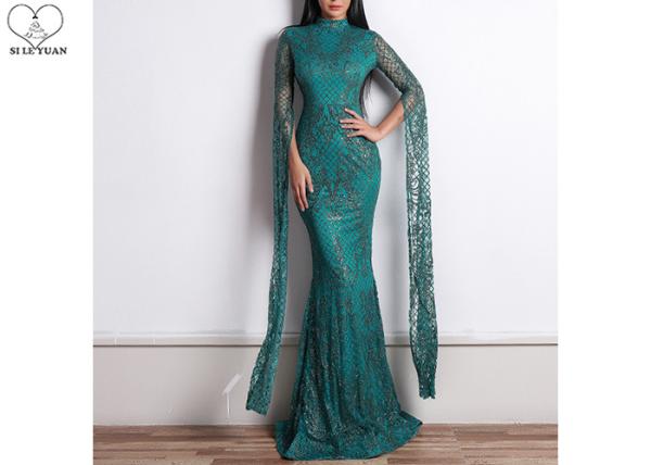 High Neck Mermaid Style Prom Dress Gold Dark Green Color Long Sleeve Lace Sequin