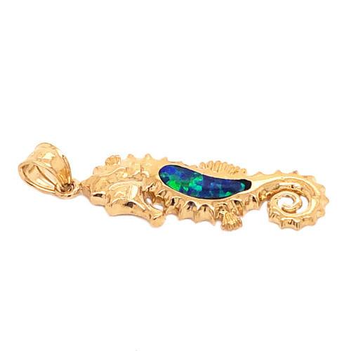 Yellow Gold Blue Sapphire Seahorse Pendant Necklace , Ocean Style Sea Life Jewelry
