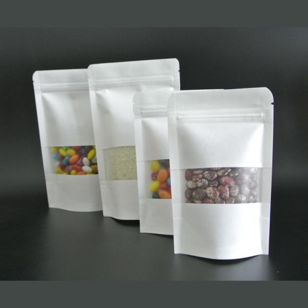 Water-proof Matte Plastic Film Laminate Stand Up White Paper Pouch with Zipper Window for Snacks, Candy, Food Packaging