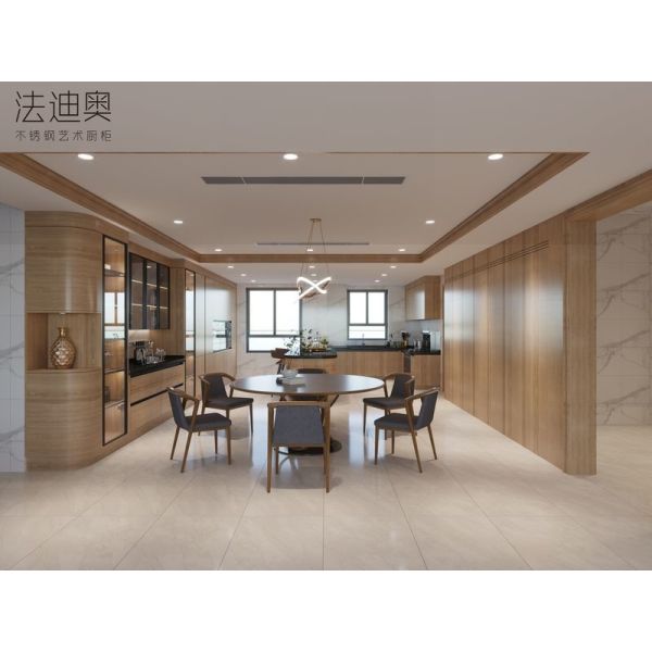 Gabinete de cocina de acero inoxidable moderno con acabado de grano de madera e isla curva