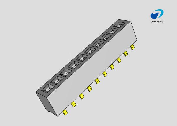 Female header, PCB Mount Receptacle, right angle, Board-to-Board, 10 Position, 1.27mm Pitch, single row, Gold Flash, SMT