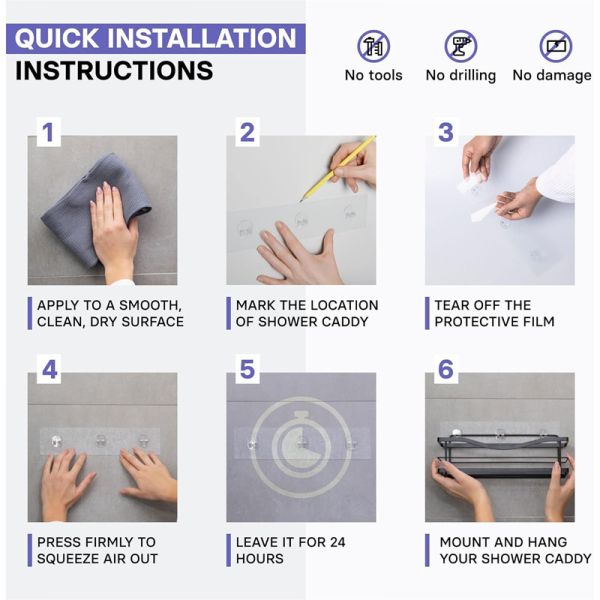 Scratch Resistant Stainless Steel Multifunctional Hooks Adhesive Shower Organizer for Kitchen and Bathroom