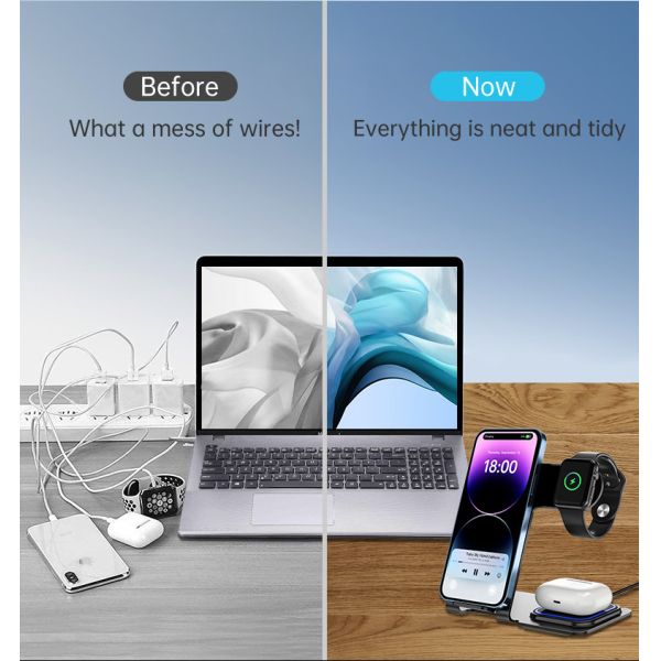 Aluminum Alloy 3 In 1 Wireless Charging Stand 15W Power Over Temperature Protection