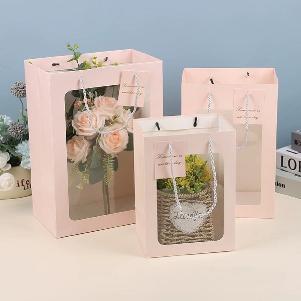 Clear Window Paper Gift Bags with Handles for Flower Packaging
