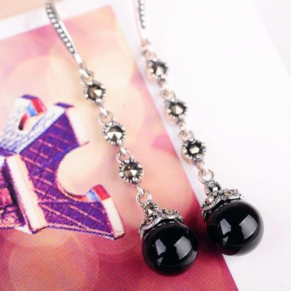 Antique Thai Silver Jewelry Sterling Silver Black Onyx Marcasite Drop Dangle Earring (E12031BLACK)