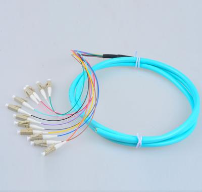 12 fibers breakout fiber optic pigtail LC/UPC multimode OM3 50/125 aqua LSZH cable