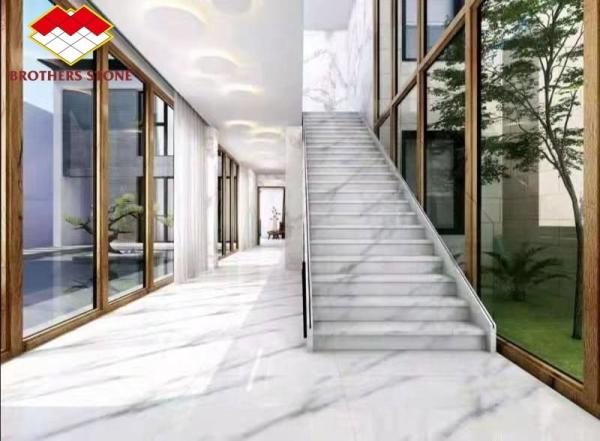 Customized Modern-Style Grey White Grains Marble Steps Carved Arc Staircase for Indoor