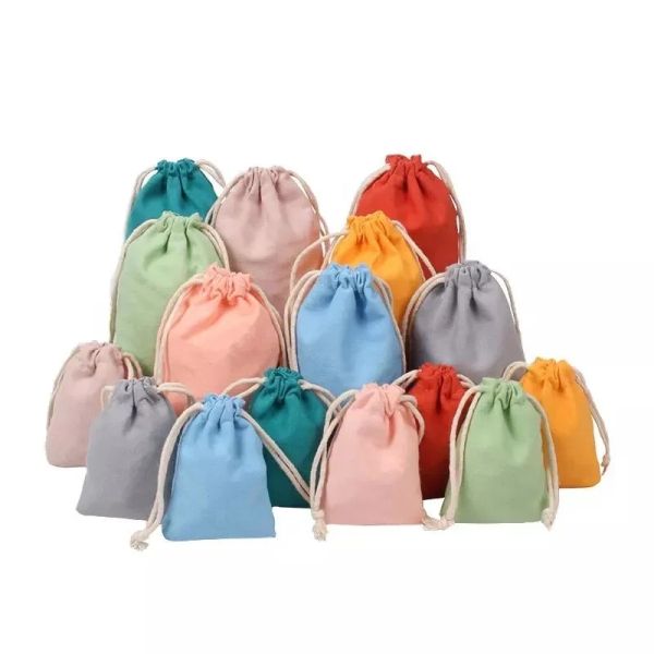 Reusable School Bag Trolley Custom Logo Printed Linen Cotton Canvas Drawstring Bag