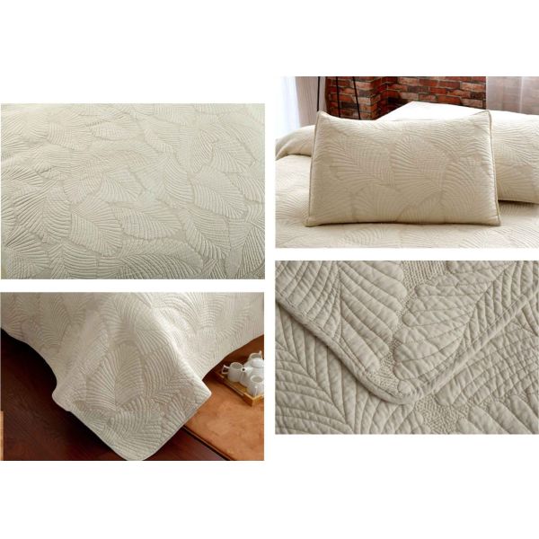 Country Style Leaf Twin Size Quilt , 3Pcs 100% Cotton White Embroidered Quilt