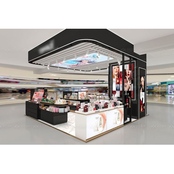 Beauty Kiosk Cosmetic Shop Display Furniture Black Gold Wood Cabinet for Retail Shop Design