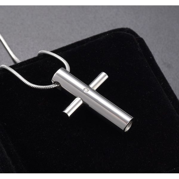 High Polished Cross Crystal Stainless Steel Cremation Pendant with Memorial Necklace