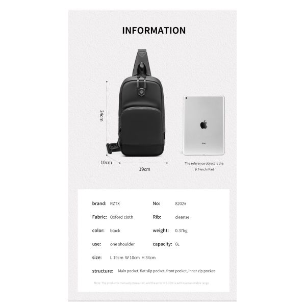 Waterproof Oxford Cloth Mens Shoulder Chest Sling Bag 19*10*34cm