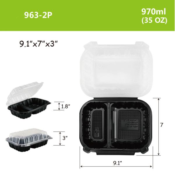 Leak-proof Plastic Food Packing Box for Vegetable ,PP Hinged Lid Clamshell Container,Microwavable,9.1”x7”x3”