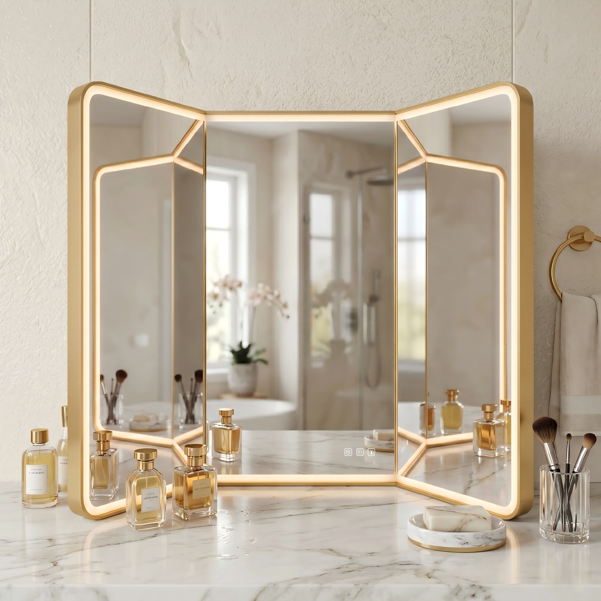 Kingstin Luxury Smart LED Tri-fold Mirror Bathroom Vanity Mirror with Bluetooth Music Anti-fog 3 Color Temperature Customizable