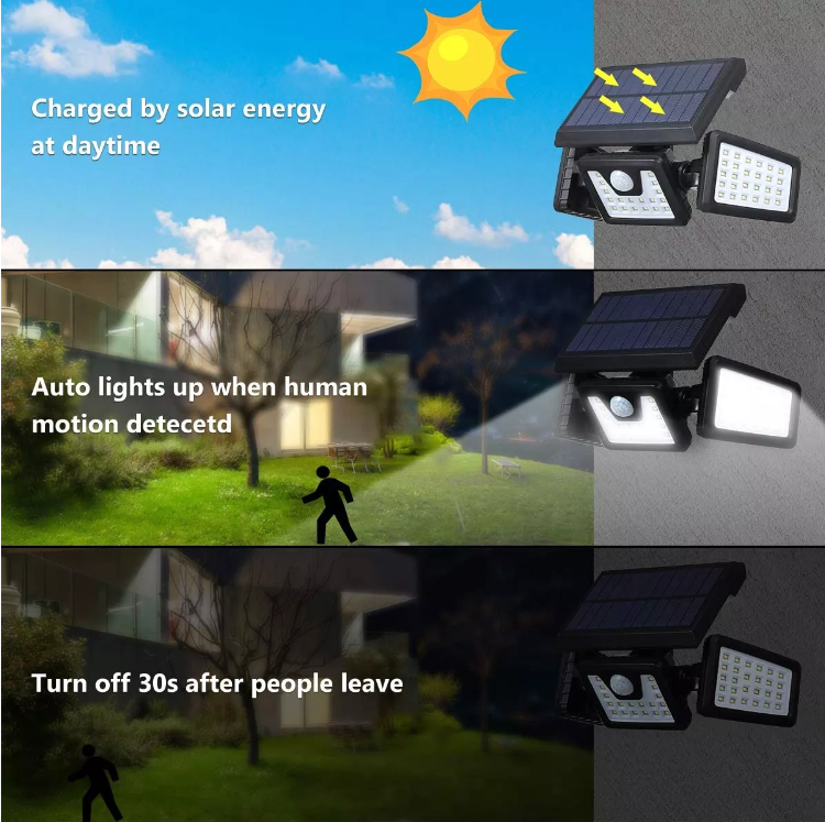 Adjustable 132 LED Solar Wall Lights 3 Head Motion Sensor Lights for Porch Garden Patio Yard 6000K