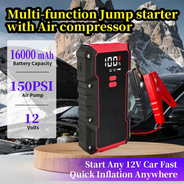16000mAh 6-in-1 Portable Car Jump Starter with Air Compressor, 150PSI Tire Inflator, Power Bank and LED Flashlight for 12V Vehicles