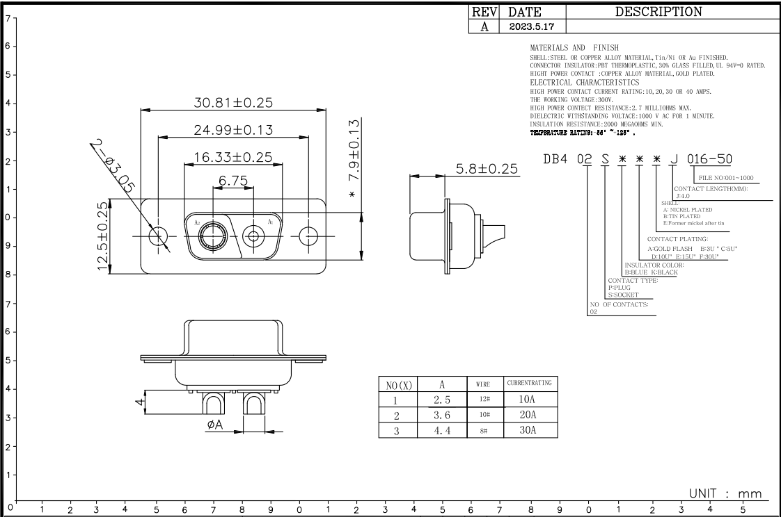 Conector femenino de 2V2 D-SUB, conector de poder más elevado 2pin