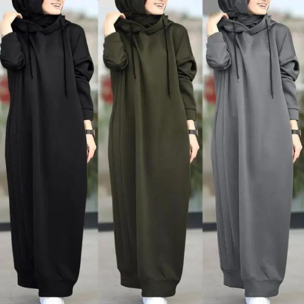                 Solid Color of Long Style Set Islamic Clothing Autumn Winter Hooded Coat for Abaya Women Muslim Dress and Lady Hoodies Coat             