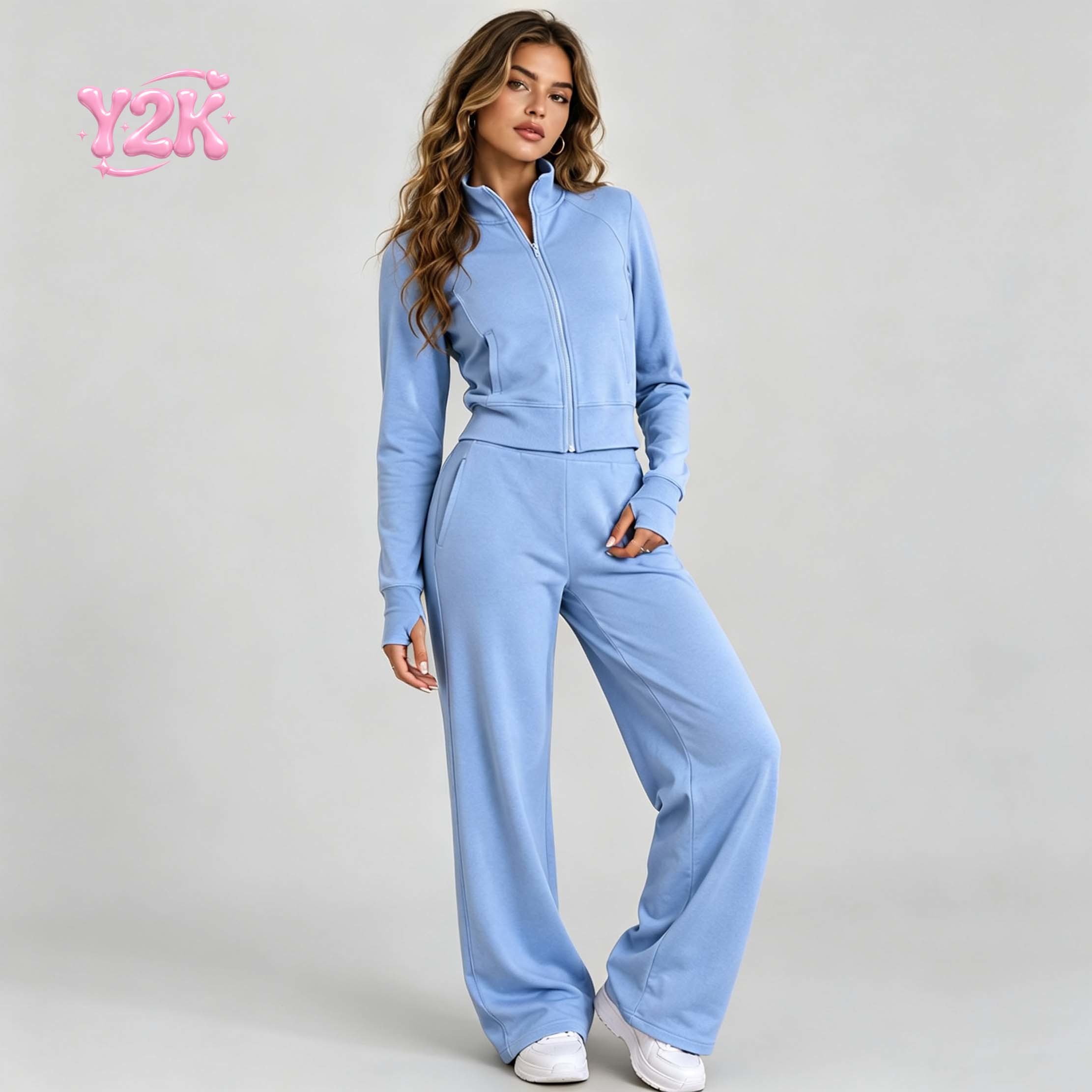 Custom Women's Contrast Piping Jacket Wide Leg Pants Set