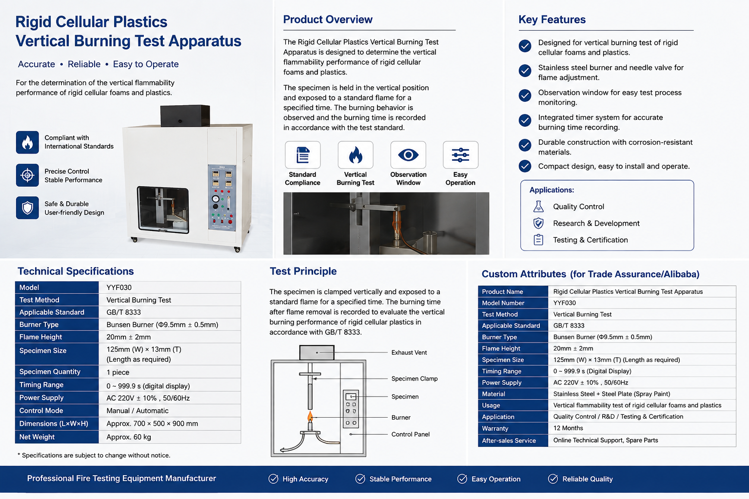 Rigid Cellular Plastics Vertical Burning Test Apparatus GB/T 8333 Flammability Testing Equipment for Rigid Foam