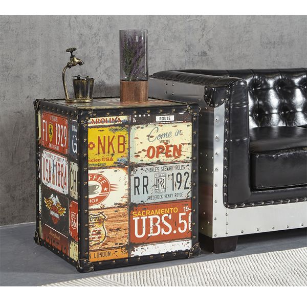 Nidea #313 Handcrafted Durable Multi-Purpose Vintage Wood Antique Home Furniture Living Room Cabinet Retro License Plate Design Featuring