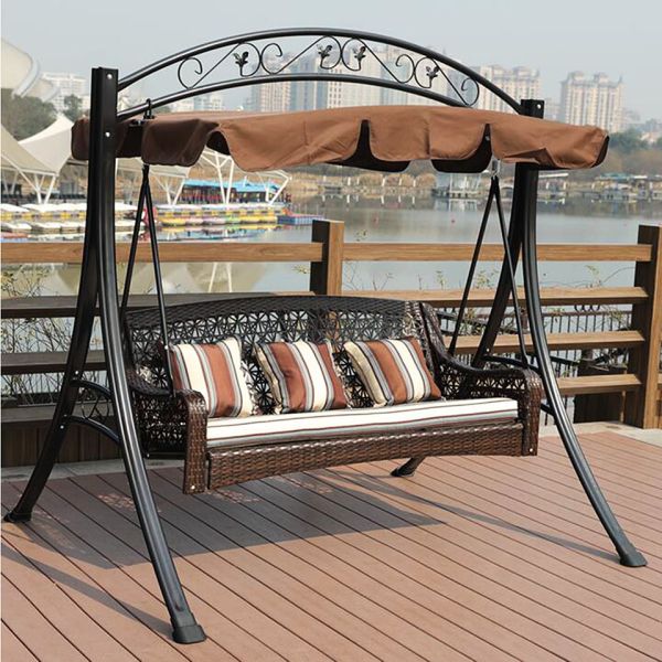Metal Rattan Swing Chair with Canopy 3-Seater Garden Furniture Metal Steel Frame
