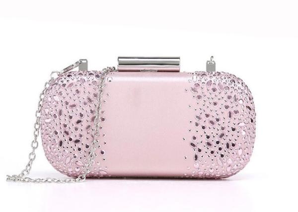 Pink Satin Fabric Hard Case Clutch Evening Bags , Western Rhinestone Purses For Babies