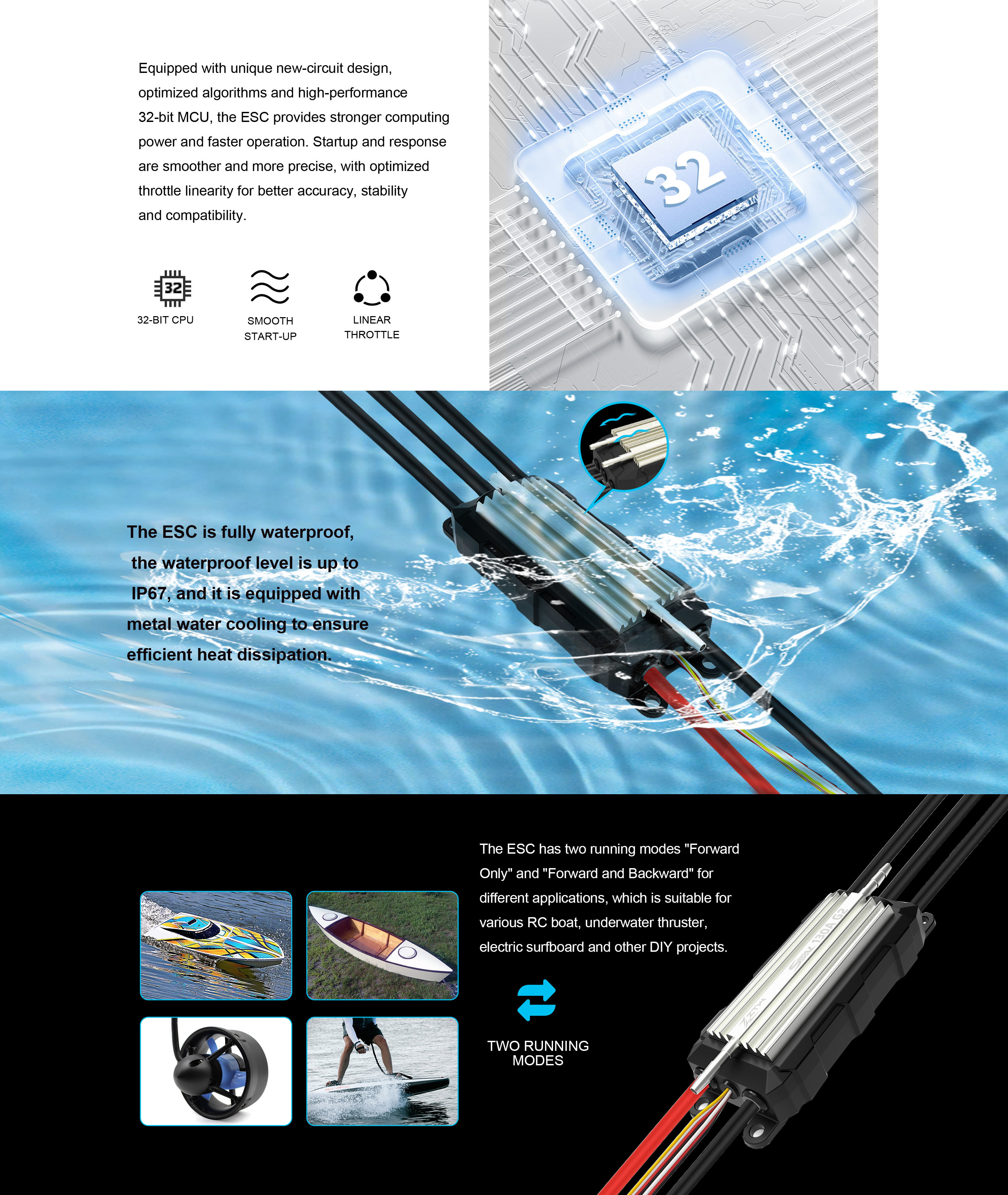 3S-8S ZTW Seal ESC 130A SBEC G2 32 Bit Waterproof Large RC Boat ESC